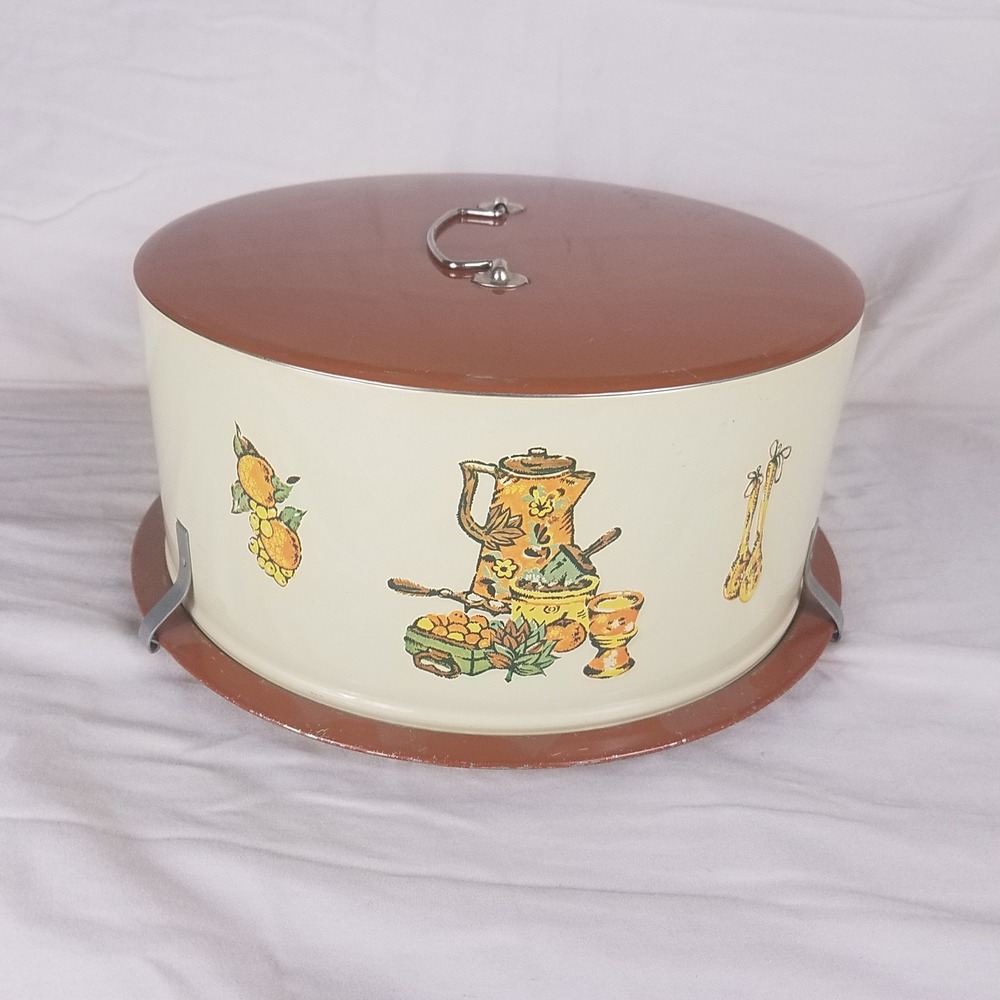 Decorware Metal Cake Carrier Vintage Round Orange Cream Tin Retro‎ Kitchen Good